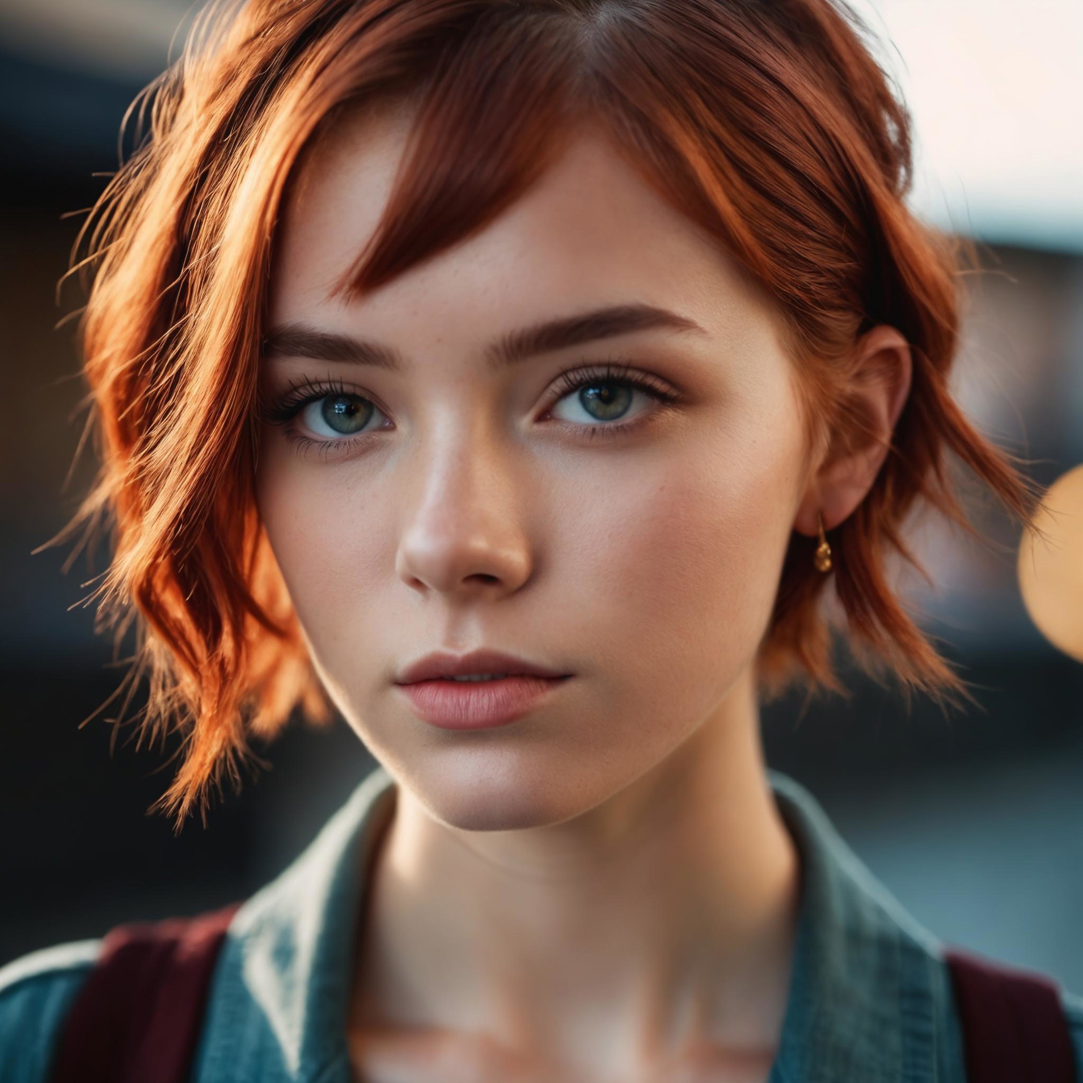photo of 18 y.o woman, perfect eyes, short red hair, braid, looks at viewer, cinematic shot, hard shadows, RAW candid cine...
